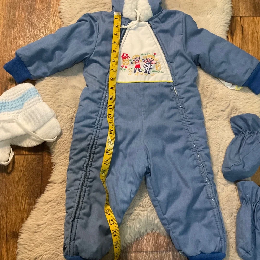 Vintage Snowsuit Baby Bunting Blue Embroidered Hand Foot Covers Removable Hooded